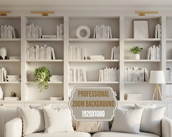 White Bookshelves Zoom Background: Modern Home Office (PNG Digital Download)