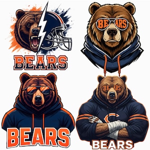Puede incluir: Descarga digital con cuatro ilustraciones de osos. Una ilustración muestra un oso con un casco de fútbol americano y un rayo. Las otras tres ilustraciones muestran osos con gafas de sol y sudaderas con capucha. La palabra "BEARS" se muestra en naranja.