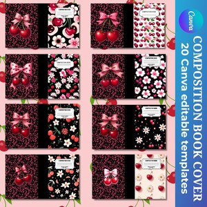 Puede incluir: Una colección de portadas de cuadernos de composición con diseños de cerezas y flores. Las portadas presentan una variedad de patrones, incluyendo cerezas con lazos, arreglos florales y un fondo texturizado. El texto "COMPOSITION BOOK COVER 20 Canva editable templates" es visible.