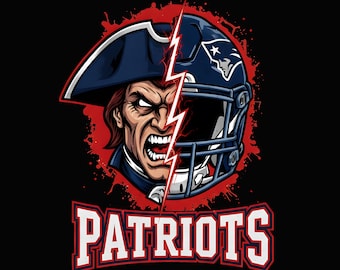 May include: Digital download graphic featuring a split design of a Patriot's helmet and a fierce-looking colonial figure. The word "PATRIOTS" is in bold red and white lettering, with the text "DIGITAL DOWNLOAD" below.
