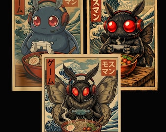 Süßer Kawaii Mothman Gamer, der Ramen isst PNG, Japanische Ukiyo-e-Stil-Kunst, Gamer-Tier PNG, Cryptid Mothman Ramen Anime Art, digitaler Download