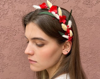 Red Dried Flower Bridal Headband for Rustic Wedding, Preserved Flowers Headpiece for Bridesmaid Proposal, Flower Crown for Flower Girl