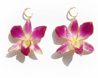 Real Purple Orchid Earrings: Golden Edge Resin Flower, Hypoallergenic Hoops