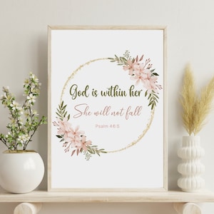 God Is Within Her She Will Not Fall Psalm 46:5, Bible Verse, Print Wall Art Woman, Printable, Christian Decor, Gift For Her