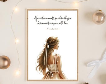 Watercolor Digital Wall Art, Proverbs 31:10 Christian Gift, Scripture Quote, Printable Art,  Teenager Room Bible Verse, Faith Gift