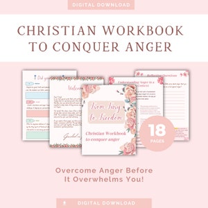 Puede incluir: Un libro de trabajo digital descargable en rosa y blanco titulado "From Fury to Freedom: Christian Workbook to Conquer Anger". El libro de trabajo tiene 18 páginas y presenta un diseño floral con rosas rosas. El texto "Overcome Anger Before It Overwhelms You!" se muestra debajo del libro de trabajo.