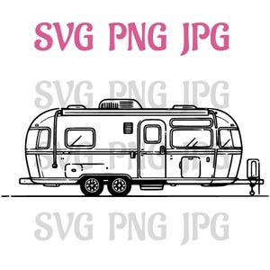May include: A black and white line drawing of a vintage camper trailer. The camper has a rounded front and a single door on the side. The camper is on wheels and has a hitch.
