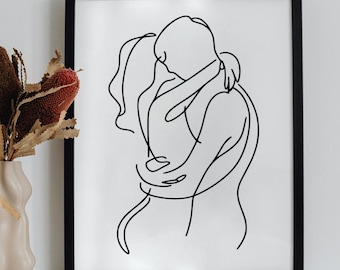Lovers Embrace, Minimalist Couple Line Art, Digital Download, Male Female Kiss Hug Print Outline Drawing, Printable Mug Card Gift PNG JPG