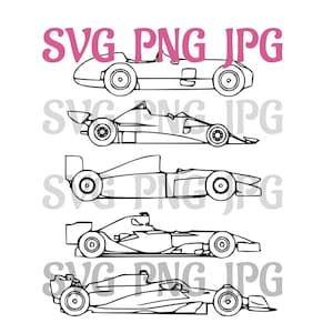 May include: Black and white line drawings of five different race cars. The cars vary in style, including open-wheel and classic designs. The text "SVG PNG JPG" is in pink above the cars.