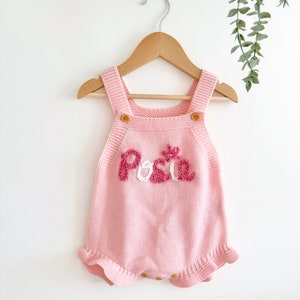 Hand Embroidered Personalised Baby Knit Name Summer Strap Romper