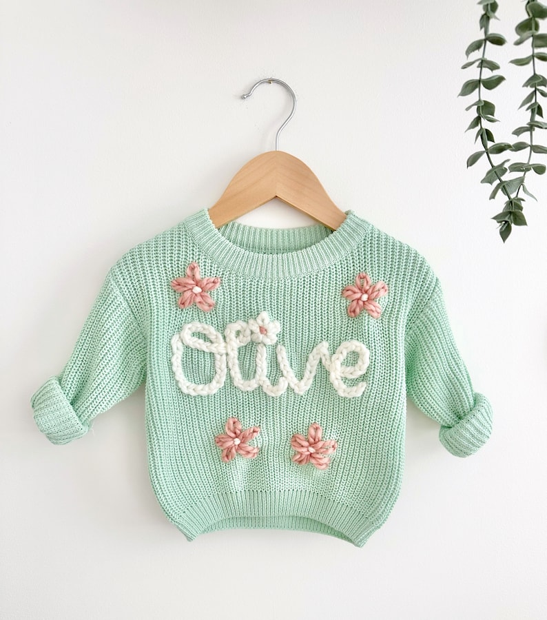 Personalised Hand Embroidered Name Oversized Knit Jumper Floral Medium