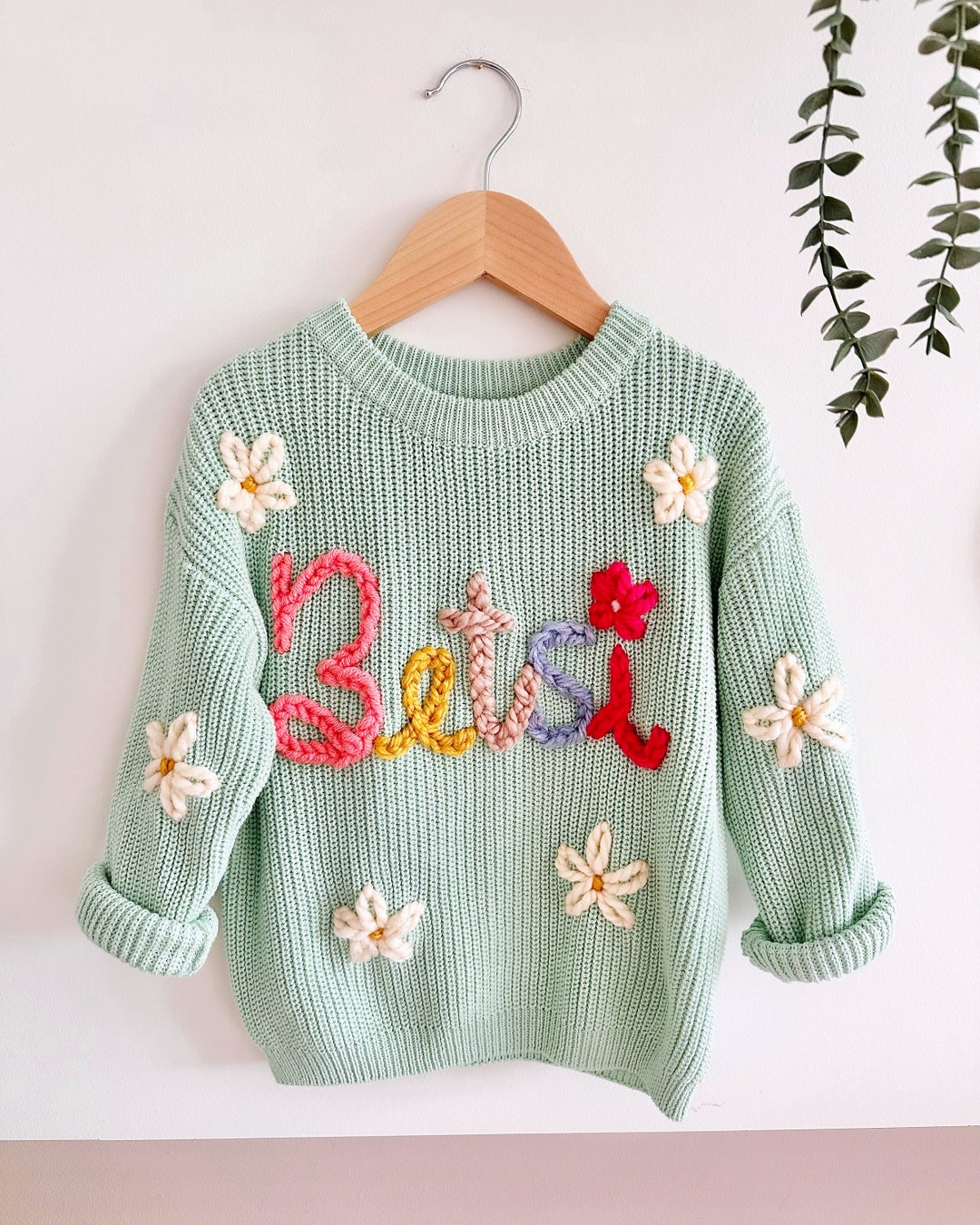 Personalised Hand Embroidered Name Oversized Knit Jumper Floral Medium