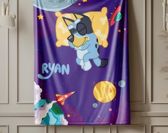 Personalized  Blue Dog Blanket, Custom Blanket With Name, Minky Blanket for Kids, Blanket for Toddlers, Baby Shower Bluey Blanket