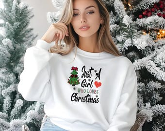Sudadera "Just a Girl Who Loves Christmas", bonita sudadera navideña para mujer, cuello redondo con diseño de árbol de Navidad, acogedor regalo de invierno, suéter para amantes de la Navidad