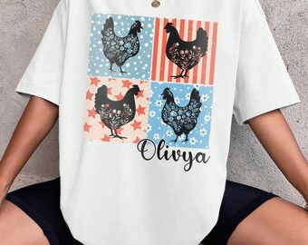 Personalized Chicken Comfort Colors Shirt, Floral Hen Tee, Farm Animal Graphic T-Shirt, Country Girl Gift, Custom Name Barnyard Chicken Top