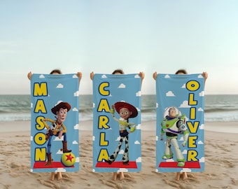 Personalized Cartoon Character Beach Towel with Name, Custom Cowboy & Space Hero Towel for Kids,Fun Birthday or Pool Gift for Boys and Girls