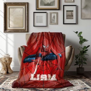 Personalized Spider Hero Blanket, Custom Name Throw, Red Black Web Design, Kids Room Decor, Superhero Gift, Soft Plush Bedding, Front Print