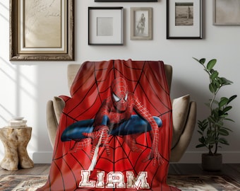 Personalized Spider Hero Blanket, Custom Name Throw, Red Black Web Design, Kids Room Decor, Superhero Gift, Soft Plush Bedding, Front Print