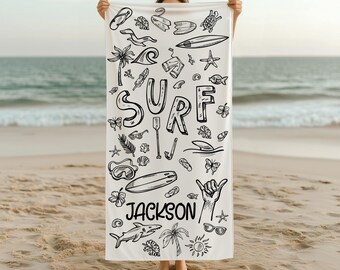 Personalized Surf Beach Towel for Kids & Adults,Custom Name Summer Gift,Tropical Hand Drawn Surfboard Doodle Design,Vacation Pool Towel