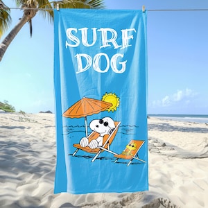 Surf Dog Beach Towel, Cute Cartoon Dog Summer Towel , Fun Vacation Pool Towel for Kids & Adults, Dog Lover Gift, Bright Blue Beach Towel