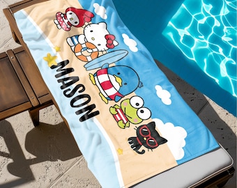 Personalized Beach Towel for Kids, Cute Cartoon Character Summer Towel, Custom Name Towel, Fun Pool Gift for Girls&Boys,Beach Vacation Towel