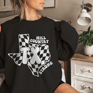 Hill Country TX Strong Sweatshirt or Hoodie, Texas Pride Checkerboard Pullover, Western Comfort Wear, Soft & Stylish Gift for Texas Lovers