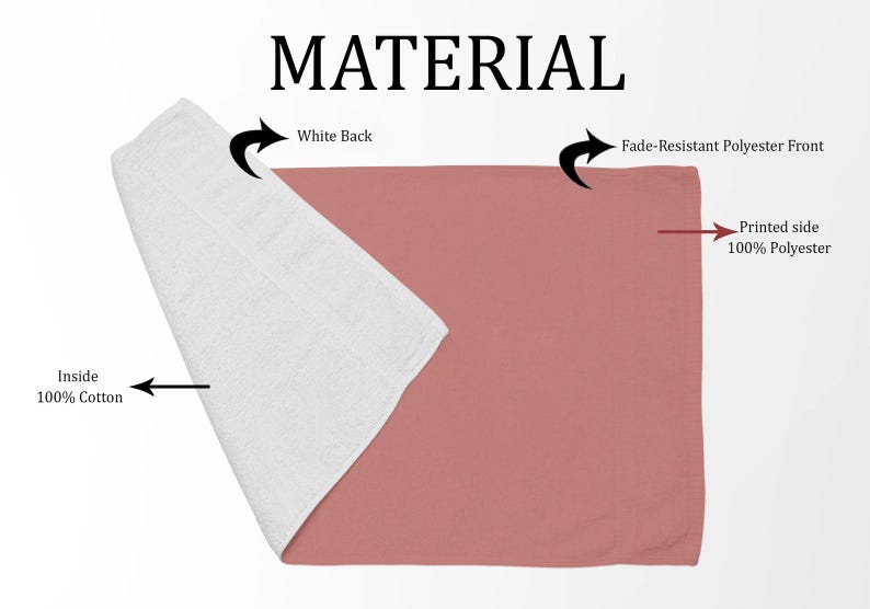 May include: A pink polyester towel with a white cotton backing. The front side is fade-resistant and features the text "Printed side 100% Polyester". The back side is white and features the text "White Back". The towel is folded in half and the inside is labelled "Inside 100% Cotton".