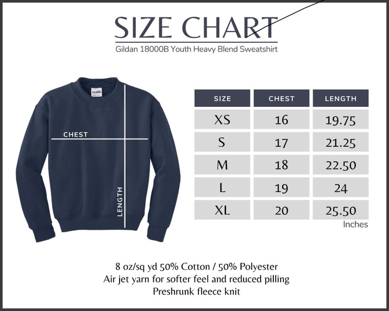 a size chart for a sweatshirt with measurements