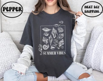 Summer Vibes Seashell Comfort Colors Shirt, Beach Graphic Shirt, Ocean Lover Gift, Coastal Aesthetic Retro Sea Shell Tee, Nautical Graphic