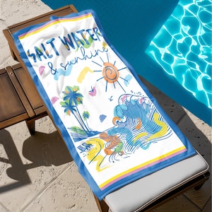 Salt Water and Sunshine Beach Towel, Colorful Tropical Summer Towel with Ocean Wave Design, Pool- Travel Towel, Gift for Beach & Sun Lovers