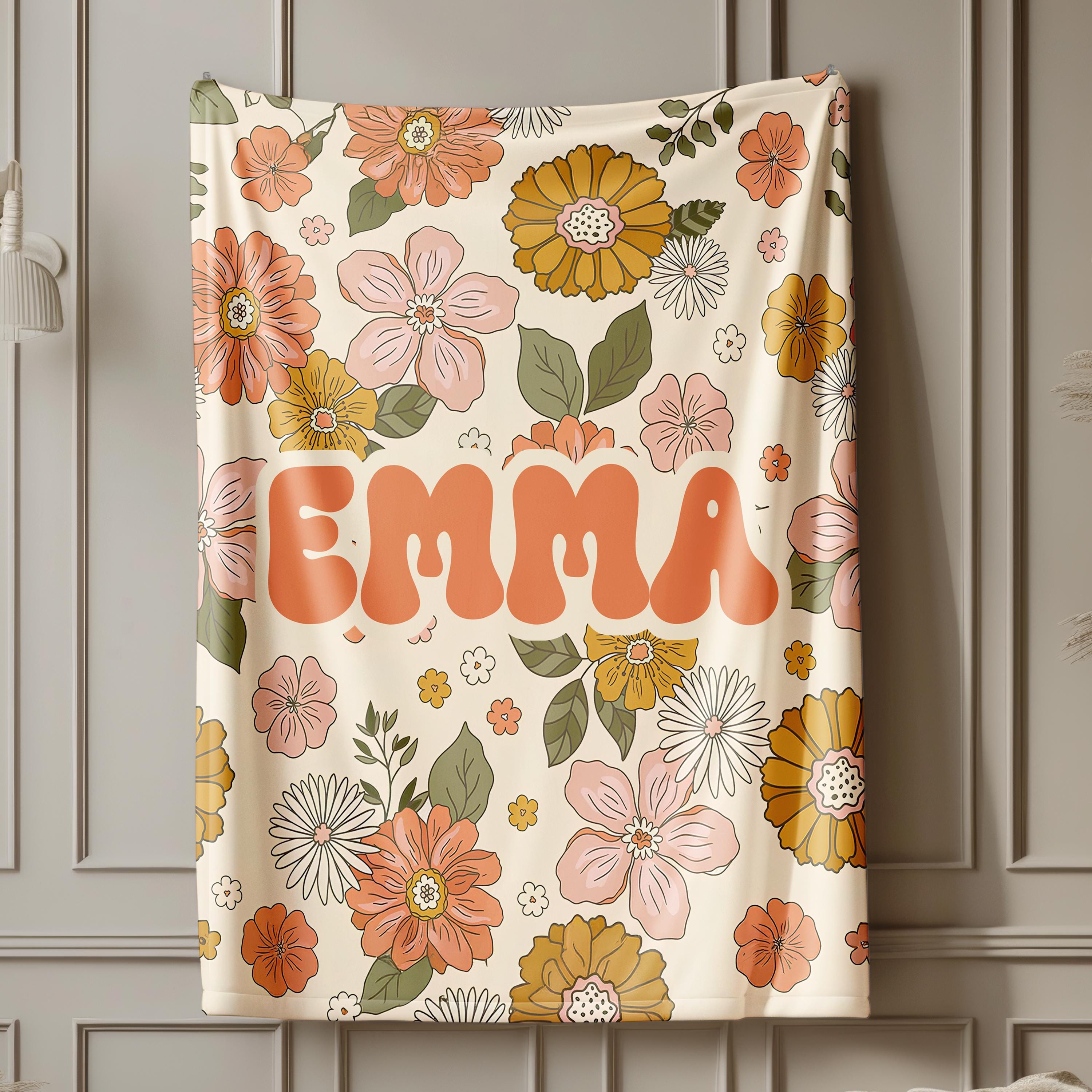 Personalized Custom Kids Flower Retro Minky, Blanket with Name, Custom Birthday Anniversary Baby Name Blanket Gift Daughter Teen Girl