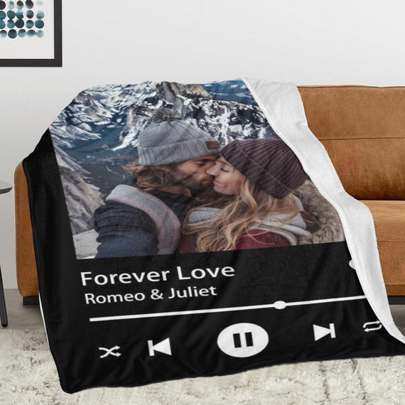 Custom Spotify Code Photo Blanket - Personalized Fleece Throw With Your Pictures And Music