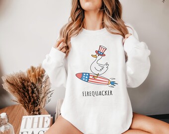 Firequacker Sweatshirt, Funny Duck 4th of July Hoodie, Patriotic USA Rocket Shirt, Independence Day Animal Pun Gift, America Graphic Sweater