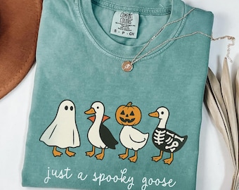 Just a Spooky Goose Comfort Colors Shirt, Funny Halloween Goose Tee, Fall T-Shirt, Cute Ghost Pumpkin Skeleton Duck Shirt, October Cozy Gift