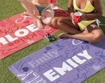 Personalized Name Beach Towel,Custom Kids,Baby or Teen Gift,Cute Colorful Towel with Repeating Name Design,Summer Pool or Vacation