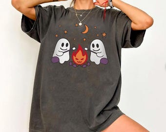 Cute Ghost Campfire Comfort Colors T-Shirt,Spooky Season Halloween Tee,Fall Aesthetic Ghost Shirt,Cozy Autumn Graphic Tee for Her Him Unisex