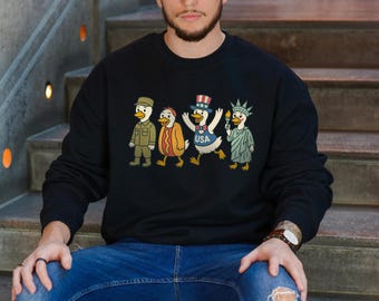 Funny Patriotic Duck Sweatshirt, 4th of July Hoodie, USA Independence Day Shirt, Unisex Pullover, Statue of Liberty & Hotdog Duck Design