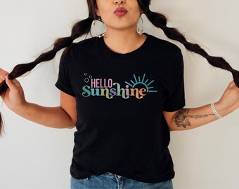 Hello Sunshine Shirt, Retro Summer T-Shirt, Positive Vibes Tee, Cute Beach Shirt for Women, Happy Graphic Tee, Colorful Sunshine Summer Top