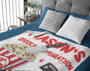 Personalized Spooky Movie Marathon Blanket, Custom Halloween Throw, Horror Movie Blanket, Popcorn Blanket,Halloween Gift, Scary Movie Night
