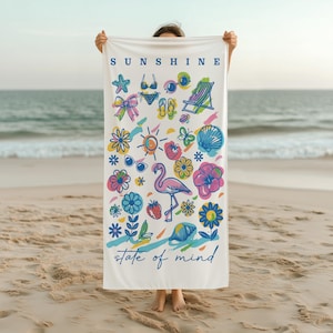 Sunshine State of Mind Beach Towel, Colorful Summer Vibes Towel with Tropical Doodles, Pool-Travel or Vacation Gift for Her