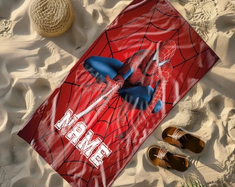 Personalized Spider Superhero Beach Towel for Kids, Custom Name Summer Pool Towel, Red Spider Web Design for Boys, Birthday Gift Idea