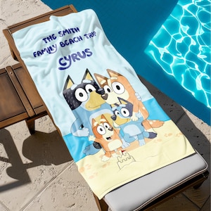 Personalized Bluey Beach Towel, Custom Name Kids Towel, Family Vacation Gift, Cartoon Pool Towel, Summer Beach Accessories