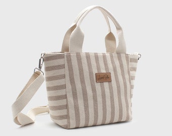 Available in 6 colors! Striped Summer Canvas Jute Tote Bag, Striped Beach Bag, Gift For Her