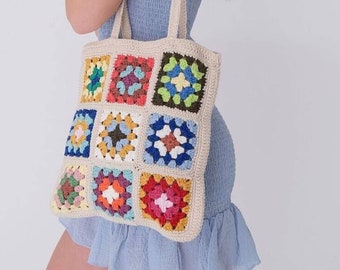 Handmade Crochet Motif Women's Shoulder Bag, Crochet Large Bag, Gift for mom, Granny Square Bag, Crochet Tote Shoulder Bag, Daily Used Bag