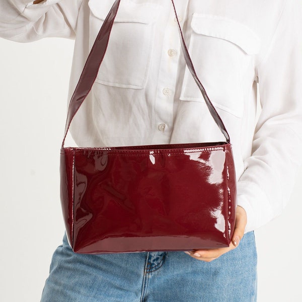 Patent Leather Women's Shoulder Bag, Crossbody Bag, Elegant Shoulder Bag, Burgundy Leather Purse, Fashion Glossy Bags, Gift For Her