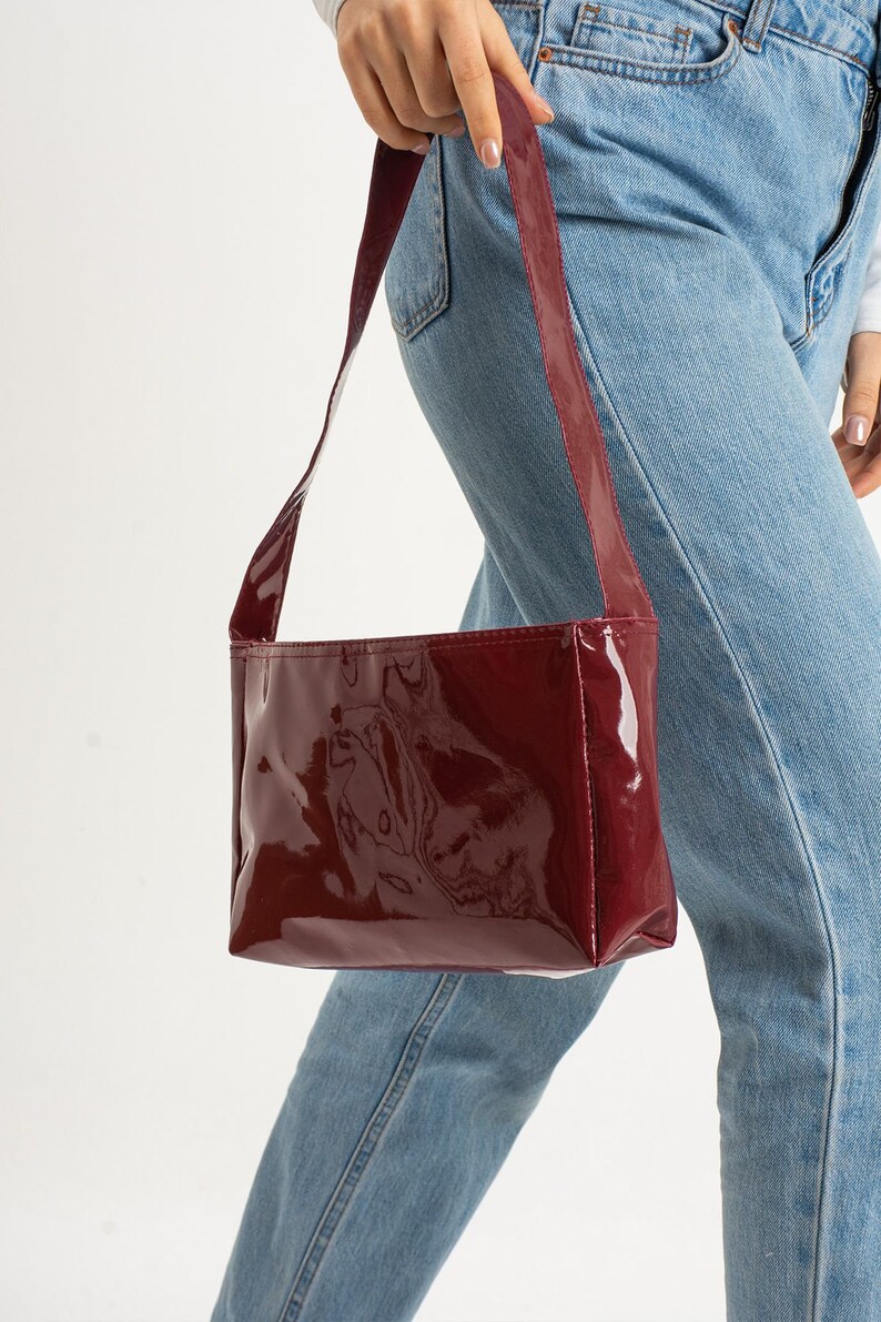 Patent Leather Women's Shoulder Bag, Crossbody Bag, Elegant Shoulder Bag, Burgundy Leather Purse, Fashion Glossy Bags, Gift ForHer zdjęcie 8