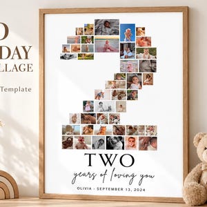 Può includere: Un modello di collage fotografico per il 2° compleanno in una cornice di legno. Il collage presenta numerose piccole fotografie disposte a formare il numero due. Il testo recita 2ND BIRTHDAY PHOTO COLLAGE, Editable Canva Template, TWO years of loving you, OLIVIA - SEPTEMBER 13, 2024.