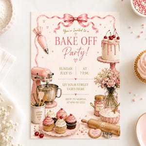 Bake Off Party Invitation Template | Pink Baking Birthday Invite | Editable in Canva