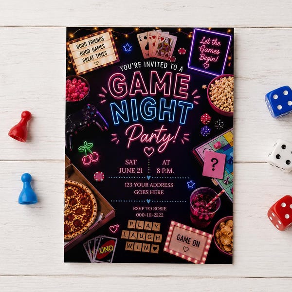 Modello di invito per serata giochi / Invito di compleanno al neon / Modificabile in Canva / Festa a tema giochi da tavolo