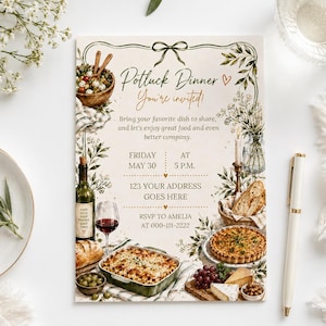 Peut inclure: Une carte d'invitation rectangulaire pour un dîner-partage illustrée de plats, de vin et de verdure. Le texte indique : Potluck Dinner, You're invited, Bring your favorite dish to share, Friday May 30 at 5 P.M., 123 Your Address Goes Here, RSVP to Amelia at 000-111-2222.